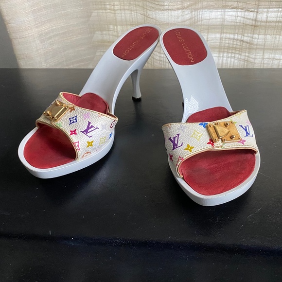 Louis Vuitton white Murakami multicolor leather strap mules heels slides slip-on - Picture 1 of 9